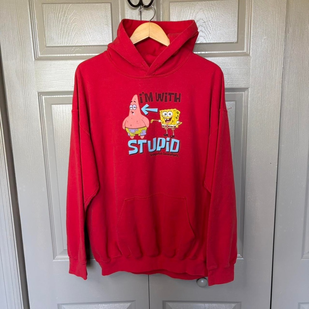 Vintage Nickelodeon SpongeBob Patrick I'm With Stupid Red Hoodie Mens XL Y2K